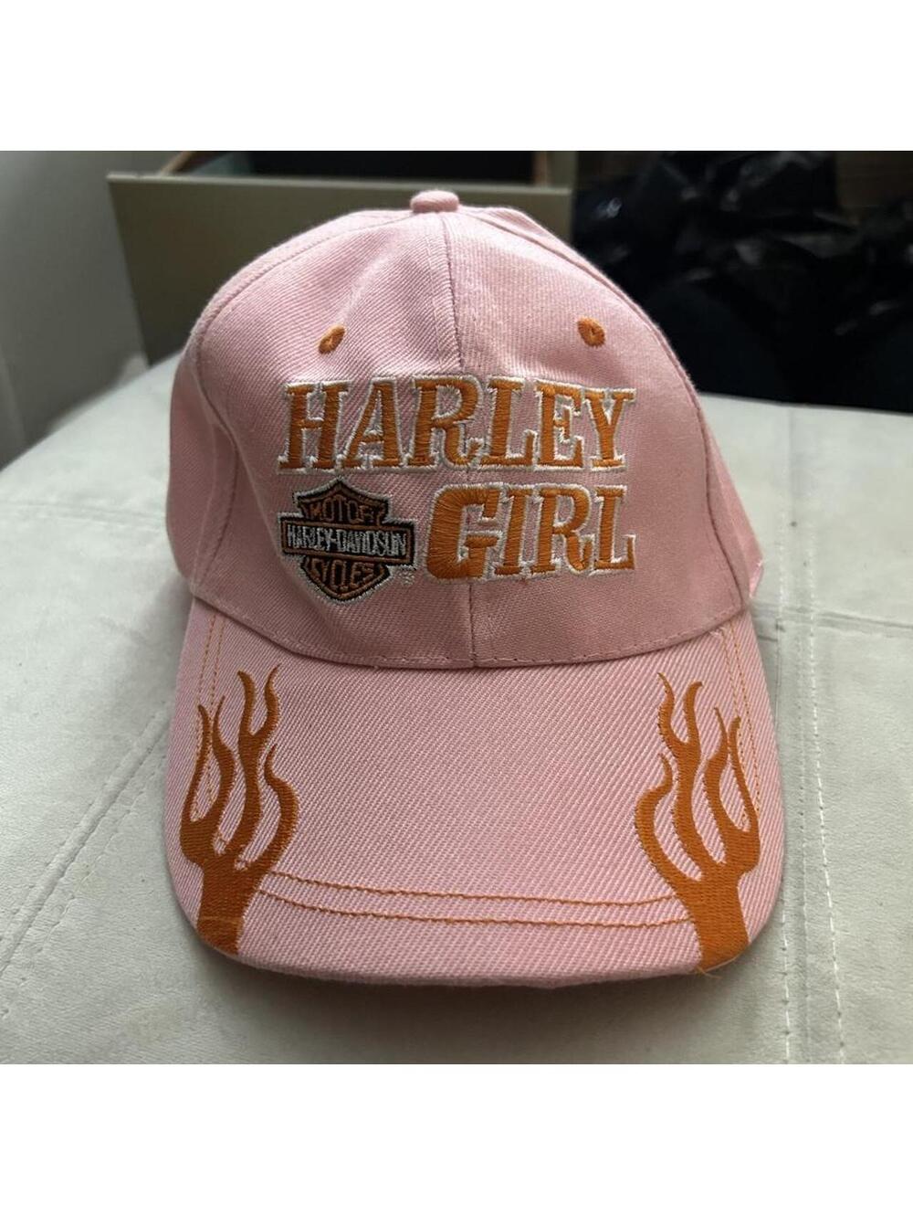 Pink 100% cotton Harley Davidson adjustable snap hat with orange flame design